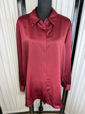 Women's Satin-look Button-Up Shirt - Burgundy